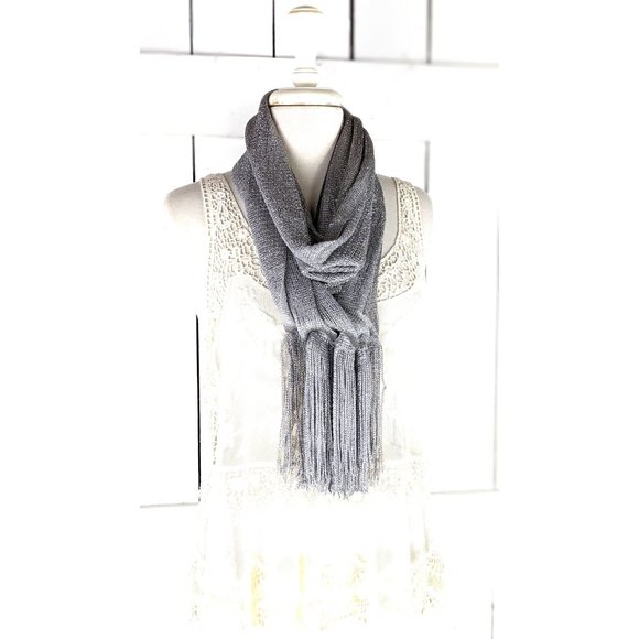Metallic silver mesh open weave infinity fringe scarf - Picture 2 of 5
